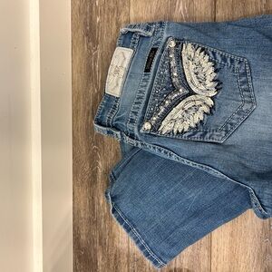 Miss Me Blue Boot Cut Jeans with Wing Embroidery and Contrast Stitching